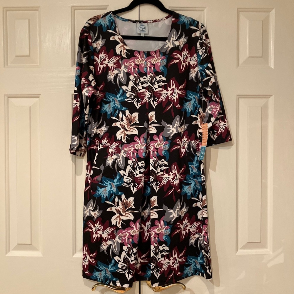 Tracy‎ Negoshian Arabella Fall Hibiscus Floral Shift Dress L NWT Pockets Stretch